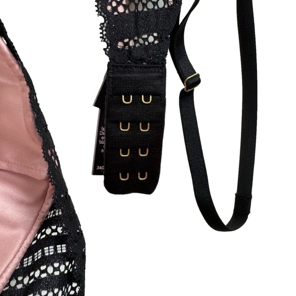 Victoria's Secret Luxe Plunge Bra Black Striped Lace + Pink Satin Underwire 34C - Picture 7 of 11